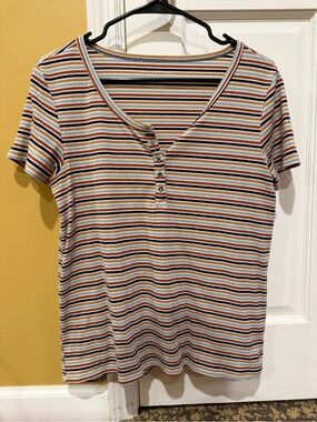 Striped Short-Sleeve Henley Top in Multi-Color